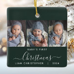 Baby's 1st Christmas Dark Green 3 Photo Script Ceramic Ornament<br><div class="desc">Help them commemorate their grandchild's first Christmas with this beautiful modern keepsake ornament. The white text reads "Baby's first Christmas, " with the word "Christmas" in elegant handwriting script with flourishes before and after on a dark green background. Replace the three sample images with your favourite vertical photos, and add...</div>