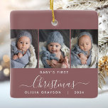 Baby's 1st Christmas Dusty Rose 3 Photo Script Ceramic Ornament<br><div class="desc">Help them commemorate their grandchild's first Christmas with this beautiful modern keepsake ornament. The white text reads "Baby's first Christmas, " with the word "Christmas" in elegant handwriting script with flourishes before and after on a dusty rose background. Replace the three sample images with your favourite vertical photos, and add...</div>