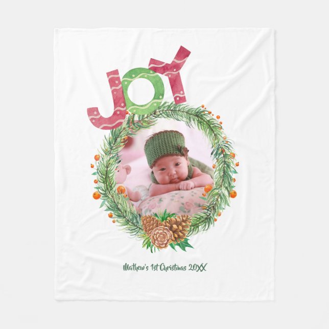 Babys 1st Christmas Gifts PHOTO Wreath Keepsake Fleece Blanket (Front)