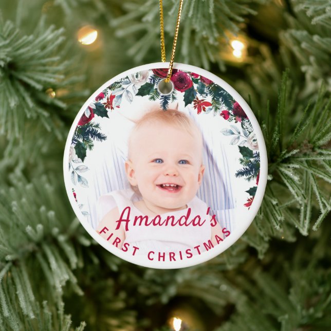 Baby's 1st Christmas Holly Rose Wreath Photo Ceramic Ornament (Tree)