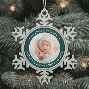 Baby's 1st Christmas Modern Photo Green and White Snowflake Pewter Christmas Ornament