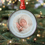 Baby's 1st Christmas Modern Photo Light Blue Gold Metal Ornament<br><div class="desc">Celebrate the simple joys of the holiday season with a light pastel blue and gold custom photo new baby boy round metal ornament. Wording and picture on this template are simple to personalize. "My First Christmas" quote is easy to change in case it's needed for another occasion. (IMAGE & TEXT...</div>