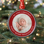 Baby's 1st Christmas Modern Photo Red and White Metal Ornament<br><div class="desc">Celebrate the simple joys of the holiday season with a festive red and white custom photo round metal ornament. Gender neutral design is suitable for a new baby boy or girl. Wording and picture on this template are simple to personalize. "My First Christmas" quote is easy to change in case...</div>