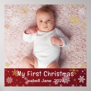 Baby's 1st Christmas Modern Photo White Snowflakes Poster