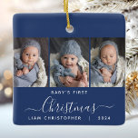 Baby's 1st Christmas Navy Blue 3 Photo Script Ceramic Ornament<br><div class="desc">Help them commemorate their grandchild's first Christmas with this beautiful modern keepsake ornament. The white text reads "Baby's first Christmas, " with the word "Christmas" in elegant handwriting script with flourishes before and after on a navy blue background. Replace the three sample images with your favourite vertical photos, and add...</div>