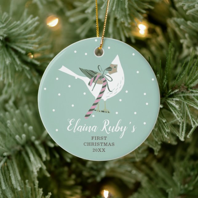 Baby's 1st Christmas Personalized Woodland Bird Ceramic Ornament (Tree)