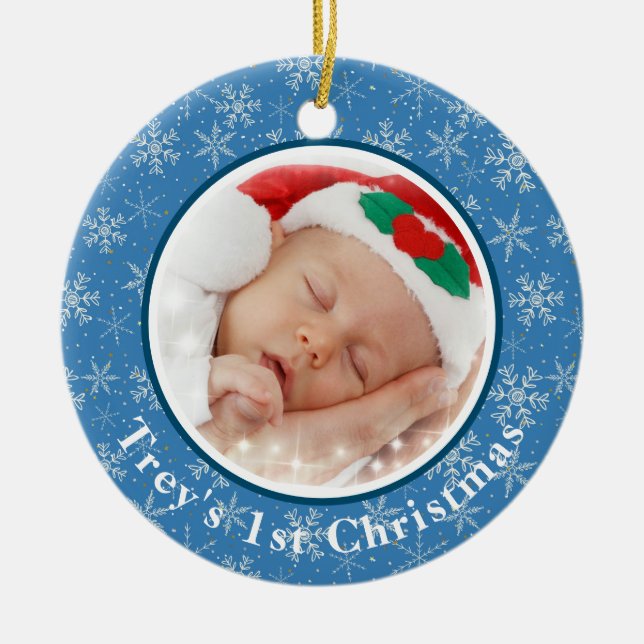 Baby's 1st Christmas Photo Blue / White Snowflakes Ceramic Ornament (Front)