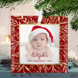 Babys 1st Christmas Photo Burgundy Gold Foliage Glass Ornament