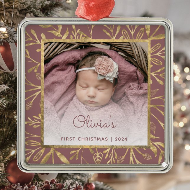 Babys 1st Christmas Photo Dusty Rose Gold Foliage Metal Ornament (Creator Uploaded)