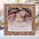 Babys 1st Christmas Photo Gold Foliage Dusty Rose Ceramic Ornament<br><div class="desc">Celebrate baby's first Christmas with this beautiful keepsake ornament. Easily replace the sample image with your own favourite photo and customize it with baby's name in teal blue script font and the year below. A white gradient screen helps make the text pop. The photo is set off by an elegant...</div>