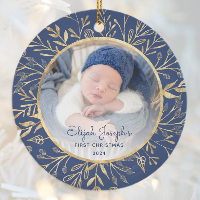 Babys 1st Christmas Photo Gold Foliage Navy Blue Ceramic Ornament (Creator Uploaded)