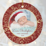 Babys 1st Christmas Photo Gold Foliage Red Round Ceramic Ornament<br><div class="desc">Celebrate baby's first Christmas with this beautiful keepsake ornament. Easily replace the sample image with your own favourite photo and customize it with baby's name in red script font and the year below. A white gradient screen helps make the text pop. The photo is set off by an elegant round...</div>