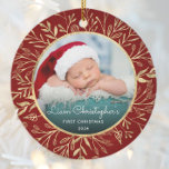 Babys 1st Christmas Photo Gold Foliage Red Round Ceramic Ornament<br><div class="desc">Celebrate baby's first Christmas with this beautiful keepsake ornament. Easily replace the sample image with your own favourite photo and customize it with baby's name in white script font and the year below. A black gradient screen helps make the text pop. The photo is set off by an elegant round...</div>