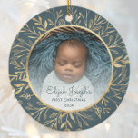 Babys 1st Christmas Photo Gold Foliage Teal Round Ceramic Ornament<br><div class="desc">Celebrate baby's first Christmas with this beautiful keepsake ornament. Easily replace the sample image with your own favourite photo and customize it with baby's name in teal blue script font and the year below. A white gradient screen helps make the text pop. The photo is set off by an elegant...</div>