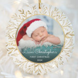 Babys 1st Christmas Photo Gold Foliage White Round Ceramic Ornament<br><div class="desc">Celebrate baby's first Christmas with this beautiful keepsake ornament. Easily replace the sample image with your own favourite photo and customize it with baby's name in white script font and the year below. A black gradient screen helps make the text pop. The photo is set off by an elegant round...</div>