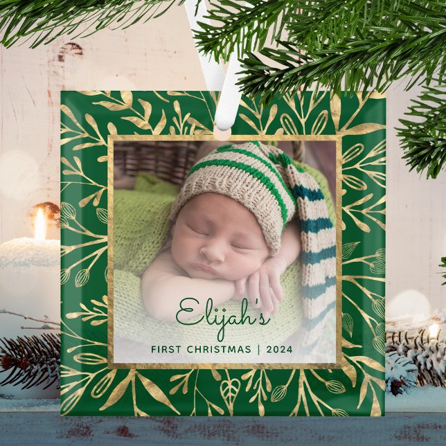 Babys 1st Christmas Photo Green Gold Foliage Glass Ornament (Creator Uploaded)