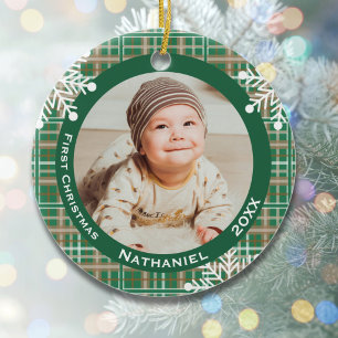 Baby's 1st Christmas Photo Green Plaid Snowflakes Ceramic Ornament