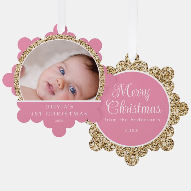 Baby's 1st Christmas Photo Name Pink Gold Greeting Ornament Card (Front/Back)
