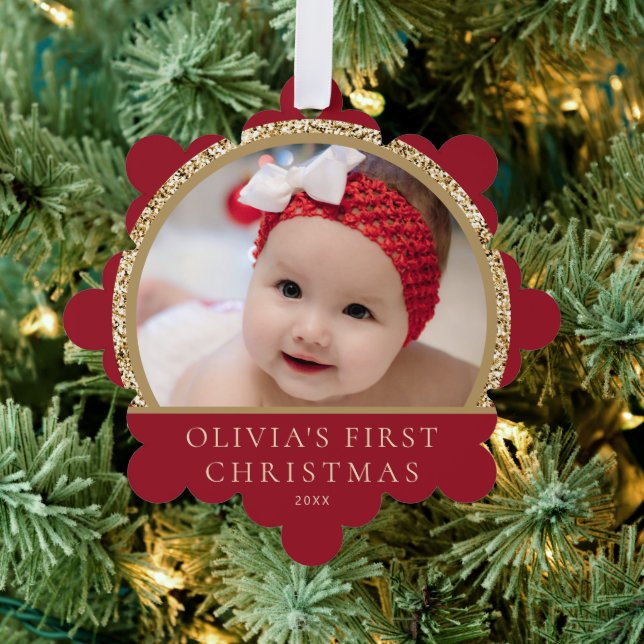 Baby's 1st Christmas Photo Name Red Gold  Ornament Card (Insitu (Tree))