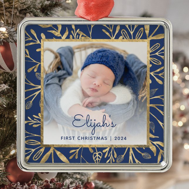 Babys 1st Christmas Photo Navy Blue Gold Foliage Metal Ornament (Creator Uploaded)