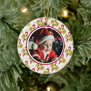 Baby's 1st Christmas Photo Red Gold Candy Canes Ceramic Ornament