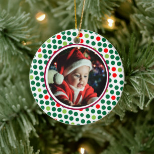 Baby's 1st Christmas Photo Red Green Dots Ceramic Ornament