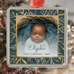 Babys 1st Christmas Photo Teal Blue Gold Foliage Metal Ornament<br><div class="desc">Celebrate baby's first Christmas with this beautiful keepsake ornament. Easily replace the sample image with your own favourite photo and customize it with baby's name in teal blue script font and the year below. A white gradient screen helps make the text pop. The photo is set off by an elegant...</div>