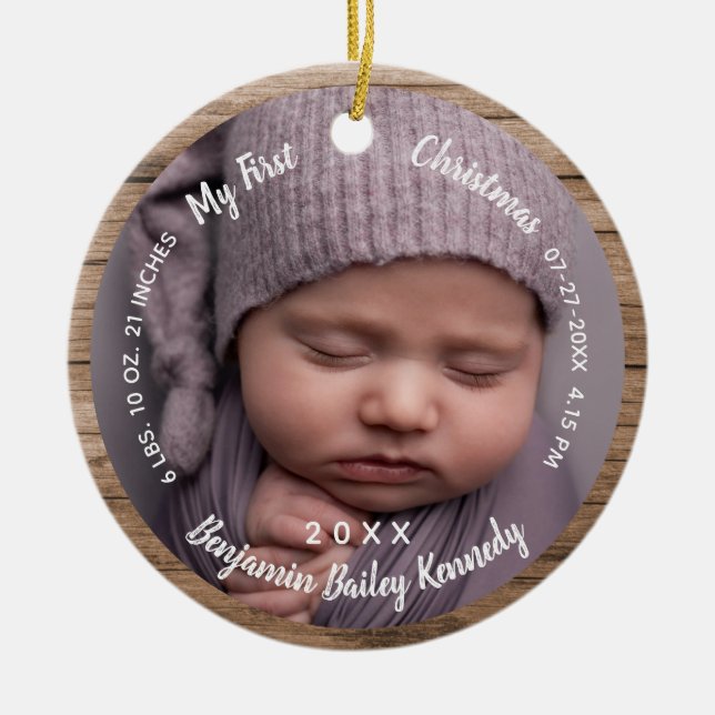 Baby's 1st Christmas Photos Birth Stats Baby name  Ceramic Ornament (Front)