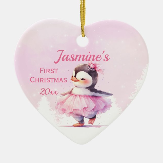 Baby's 1st Christmas Pink Penguin Ballerina Ceramic Ornament (Front)