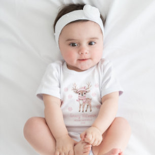 Babys 1st Christmas Pink Reindeer Woodland Baby Bodysuit