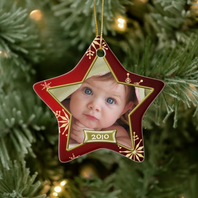Baby's 1st Christmas Red and Gold Photo Frame Ceramic Ornament (Tree)