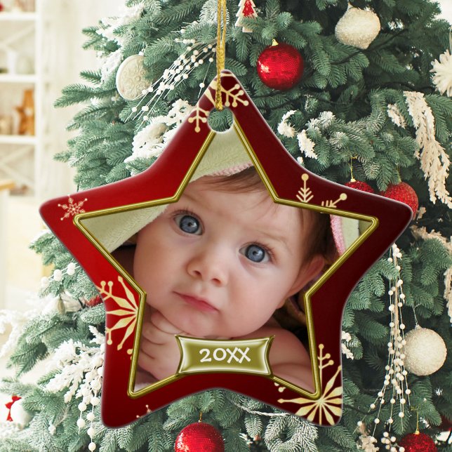 Baby's 1st Christmas Red and Gold Photo Frame Star Ceramic Ornament (Creator Uploaded)
