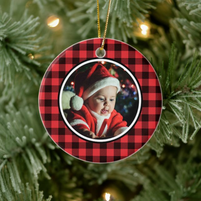 Baby's 1st Christmas Red & Black Buffalo Plaid Ceramic Ornament (Tree)
