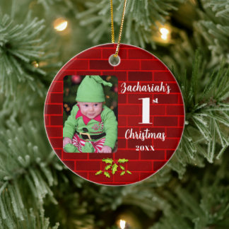 Baby's 1st Christmas Red Brick Round Keepsake Ceramic Ornament