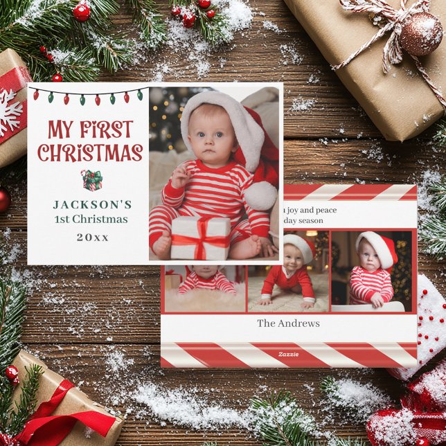 Baby's 1st Christmas Red Green Candy Cane Photo Holiday Card ("My first Christmas" baby's 1st Christmas photo card)