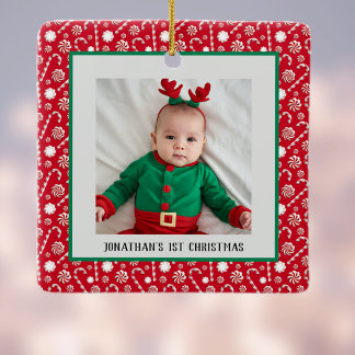 Baby's 1st Christmas Red Peppermint Candy Canes Ceramic Ornament