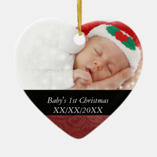 Baby's 1st Christmas Red Swirl Photo Ceramic Ornament