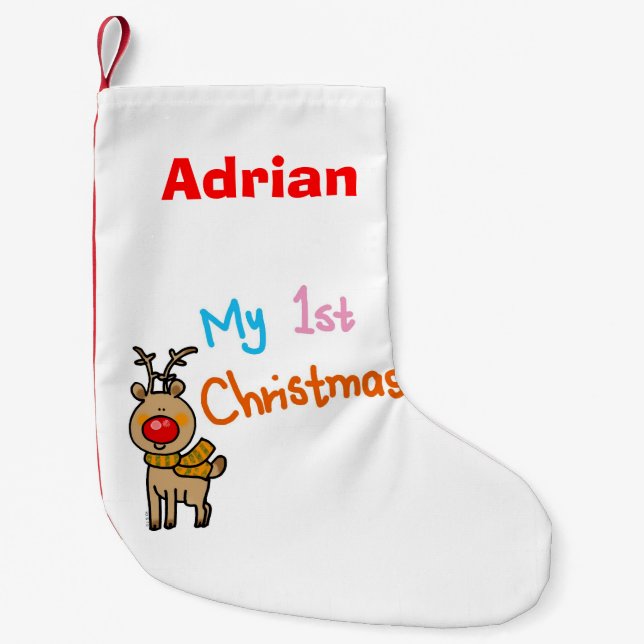 baby's 1st Christmas (reindeer) - name customized Small Christmas Stocking (Front)