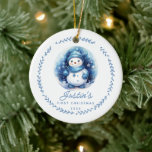 Baby's 1st Christmas Snowman 2 Sided Photo Ceramic Ornament<br><div class="desc">Simply perfect 2 Sided Photo Baby's First Christmas ornament featuring a sweet little snowman wearing a blue hat,  scarf and mittens with modern hand drawn wreath.</div>