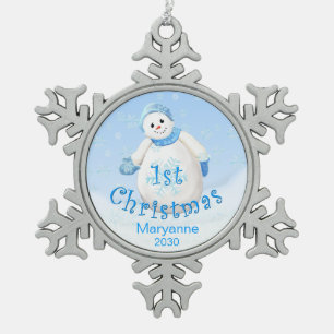 Baby's 1st Christmas Snowman Keepsake Snowflake Pewter Christmas Ornament
