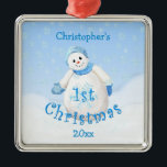 Baby's 1st Christmas Snowman Ornament<br><div class="desc">Cute little snowman wearing blue winter hat, scarf and mittens as delicate snowflakes fall through the winter sky is a delightful Christmas design for baby's first Christmas ornament. Personalize by replacing baby's name and year in template provided. We specialize in custom-made designs, contact us if you would like a unique...</div>