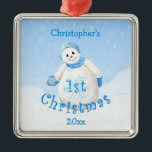 Baby's 1st Christmas Snowman Ornament<br><div class="desc">Cute little snowman wearing blue winter hat, scarf and mittens as delicate snowflakes fall through the winter sky is a delightful Christmas design for baby's first Christmas ornament. Personalize by replacing baby's name and year in template provided. We specialize in custom-made designs, contact us if you would like a unique...</div>