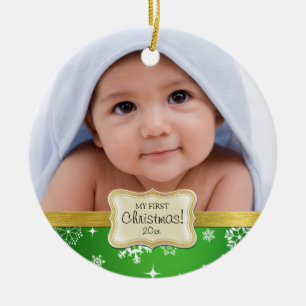 Baby's 1st Christmas. White and Green Snowflakes Ceramic Ornament