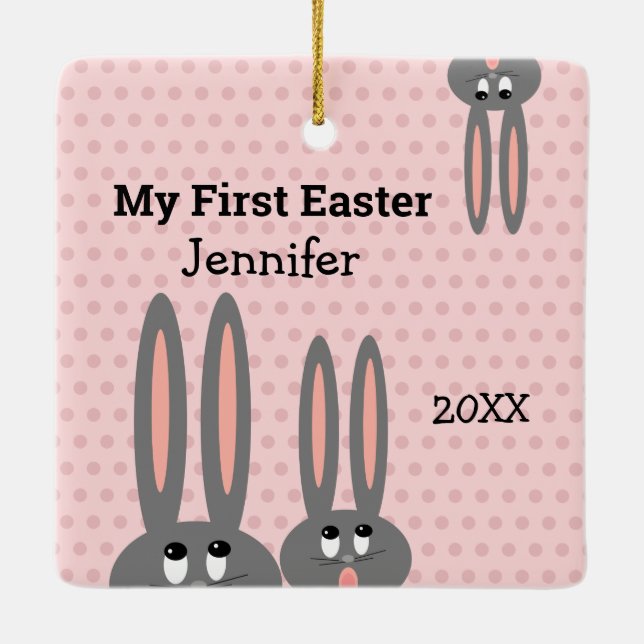 Babys 1st Easter Bunny Pink Personalized Ceramic Ornament (Back)