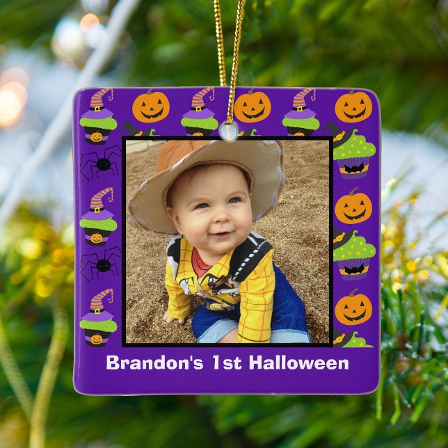 Baby's 1st Halloween Photo Cute Purple Custom Ceramic Ornament (Creator Uploaded)