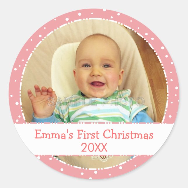 Baby's 1st Xmas Personalized Photo Pink Stickers (Front)