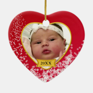 Baby's 2 Sided Photo Keepsake Snowy Red Ceramic Ornament