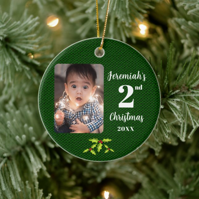 Baby's 2nd Christmas Green Faux Fabric Round Ceramic Ornament (Tree)