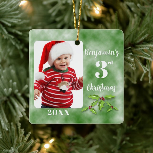 Baby's 3rd Christmas One Photo Square Ceramic Ornament (Tree)