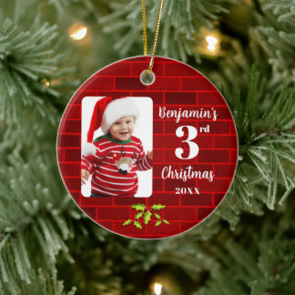 Baby's 3rd Christmas Red Brick Round Keepsake Ceramic Ornament
